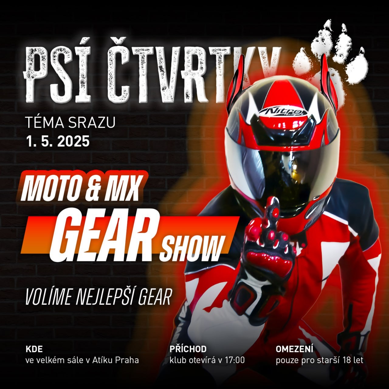 Psí čtvrtek v Ateliéru Praha - pravidelné setkání pejsků. Tentokrát MOTO&MX Gear Show - 2025-05-01T18:00 - Klub Ateliér, Praha